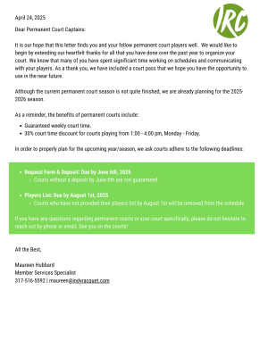 Pickleball Welcome Letter