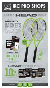 Advertisement for IRC Pro Shops: two neon-green HEAD tennis rackets with accessories and offers—Buy 3 Get 1 Free and 10% Off.