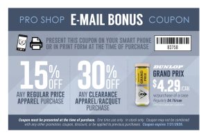 Promotional coupon banner offering 15% off regular apparel and 30% off clearance apparel/racquet purchases, with a Dunlop Grand Prix can price of $4.29 per can.