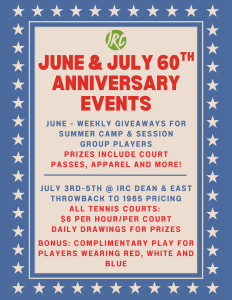 Poster promoting June–July 60th anniversary events with bold red text and a star-bordered blue frame, IRC logo at top center.