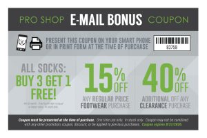Promo coupon banner titled E-MAIL BONUS COUPON for Pro Shop. Left icons show a smartphone and printer; barcode with 83759 on the right. Offers: All socks—Buy 3 Get 1 Free; 15% off any regular-price footwear; 40% off additional clearance purchases. Fine print notes: present at purchase on mobile or print, in stock only; coupon expires 8/31/2026.