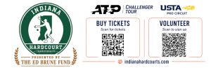 Promotional banner for Indiana Hardcourt Championships with logos, and QR codes to buy tickets or volunteer at indiana hard courts site.