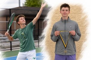 payton_Paramoure | Indianapolis Racquet Club Two boys on separate halves of a tennis-themed image: left, a player serving with a racket on a court; right, a boy in a gray jacket holding a gold medal on a yellow ribbon against a beige wall.