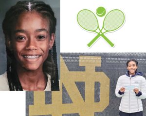 samayasmithaward_2 | Indianapolis Racquet Club Collage: left shows a smiling girl with braces; top right shows a green crossed tennis racket icon; bottom right shows a girl in a white jacket holding a check in front of large gold ND letters on a fence.